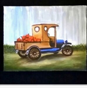 Truck painting fall classic pumpkins vintage original artist acrylic on canvas
